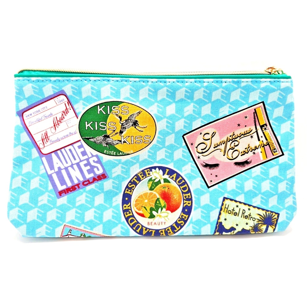 Estée Lauder Blue Travel-Themed Cosmetic Bag Makeup Zipper Pouch Stylish Organiz